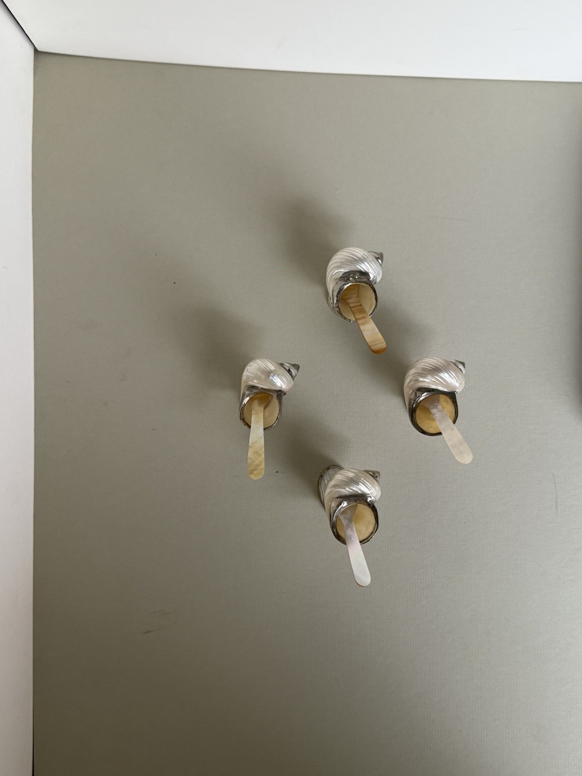 Set of 4 Antique Shell Open Salts with Mother of Pearl Spoons, Sterling Silver