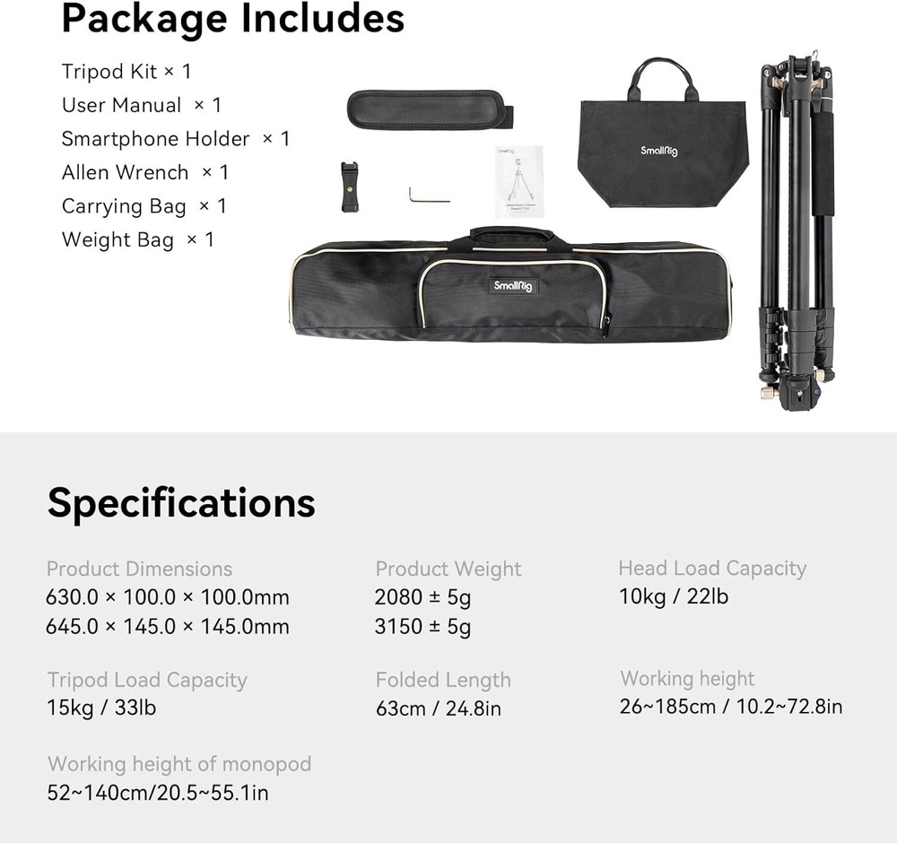 SmallRig 73" Camera Tripod,360° Rotation Center Column Horizontal Tripod Monopod