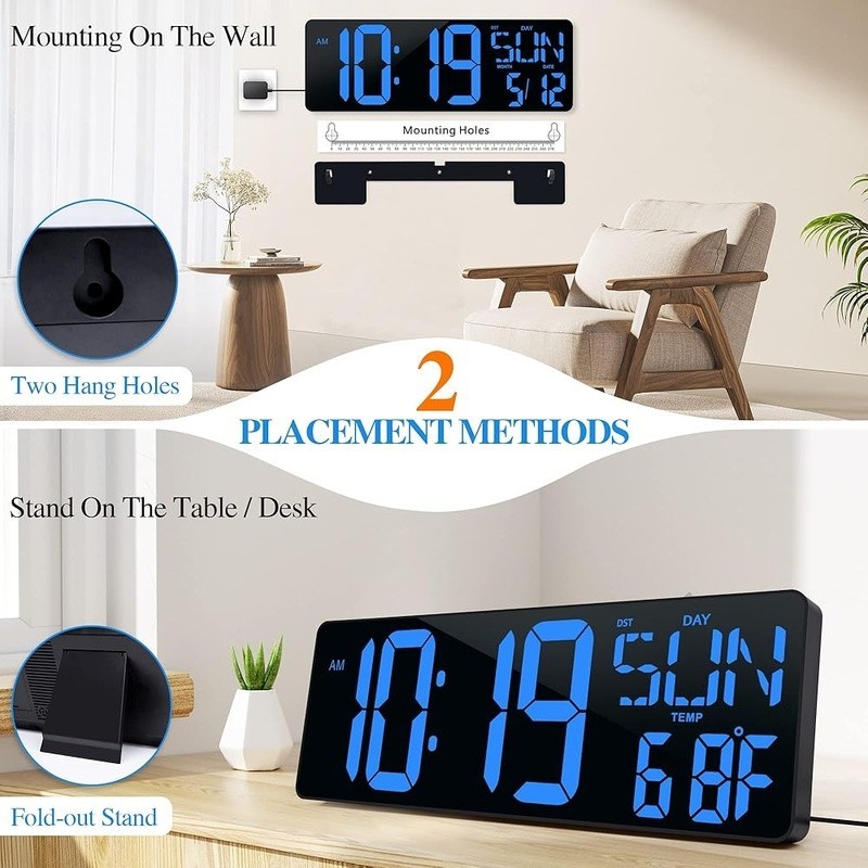 Extra Large LED Digital Wall Clock Auto Dimming Snooze Timer Remote Control