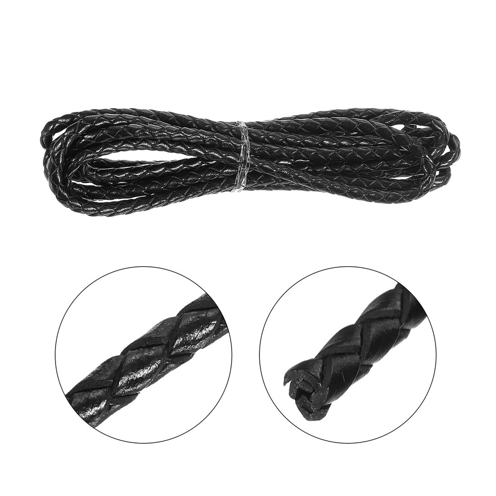Faux Leather Braided Cord Leather String, 4mm x 2m, Black