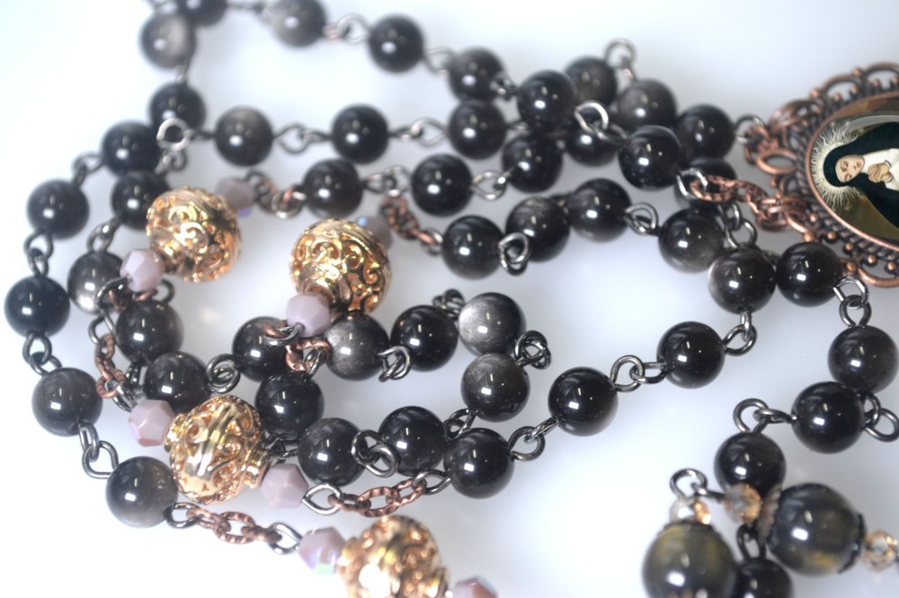 Our Lady of Solitude Rosary Black Obsidian Beads Mother Mary Centerpiece