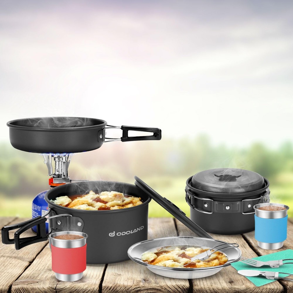 Odoland 16pcs Camping Cookware Mess Kit with Folding Silver, Black