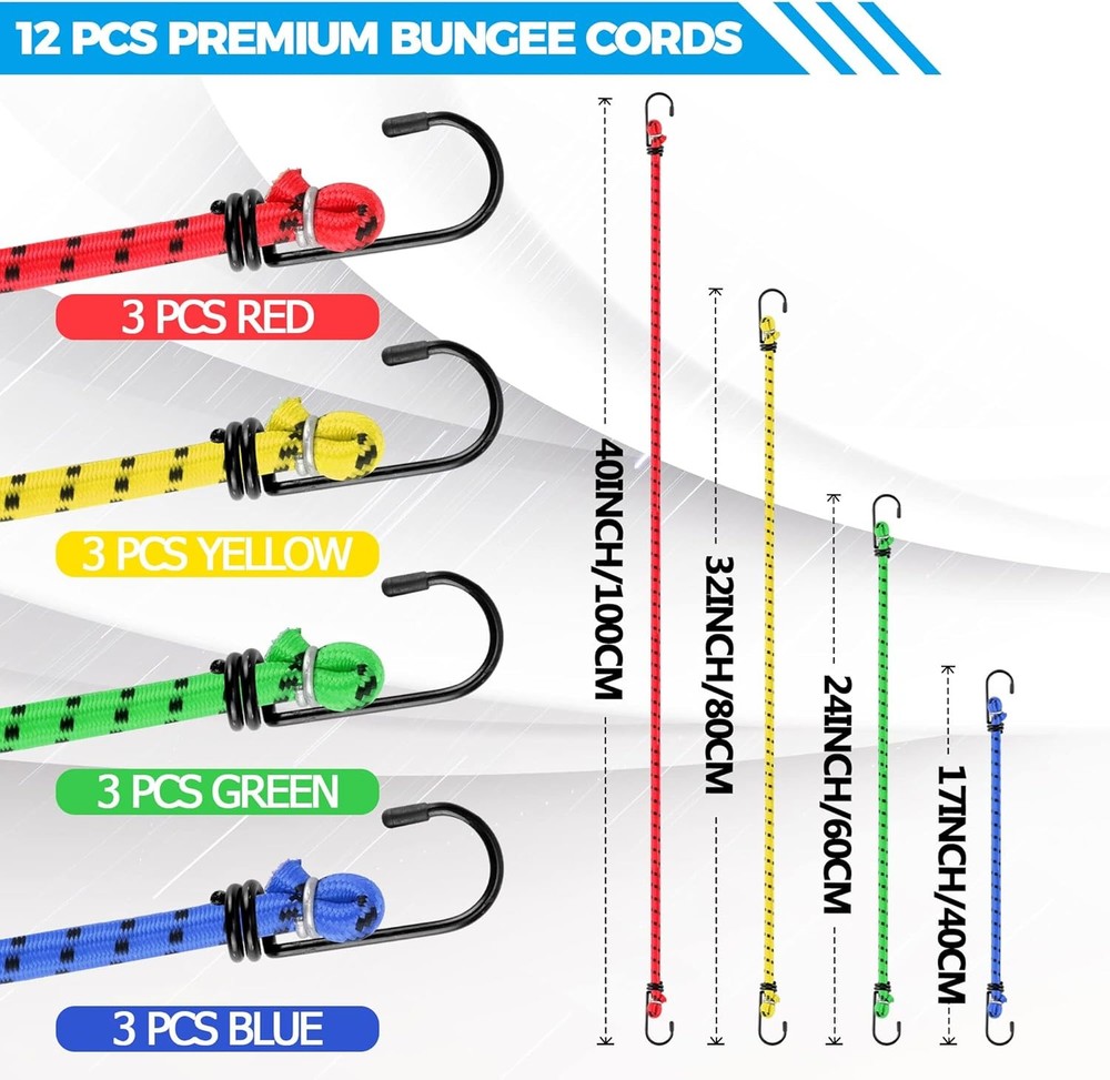 Veppak-Bungee Cords with Hooks, 12 Pack Elastic Bungee Straps Includes 40",32",