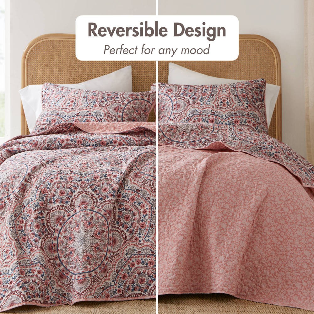 Twin Reversible Quilt Set 2pc Boho Medallion, Soft Polyester Fabric