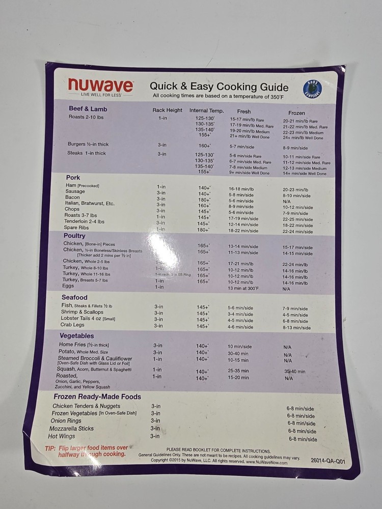 NuWave Oven Quick & Easy Cooking Guide – English/Spanish Double-Sided Reference