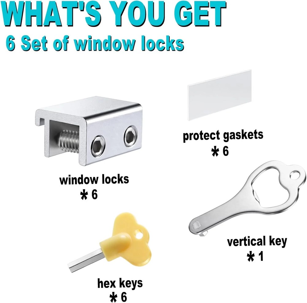 Sliding Window Locks (6 Sets), Security Window Locks with Keys, Adjustable Alumi