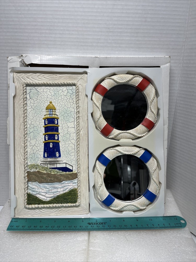 3 Pc Set Blue Lighthouse With Mirror Wall Decor