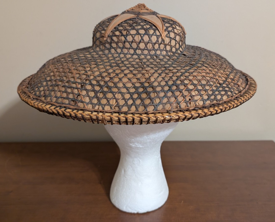 Vintage Filipino Salakot Woven Rattan and Coconut Fiber Sun Hat 15” Diameter