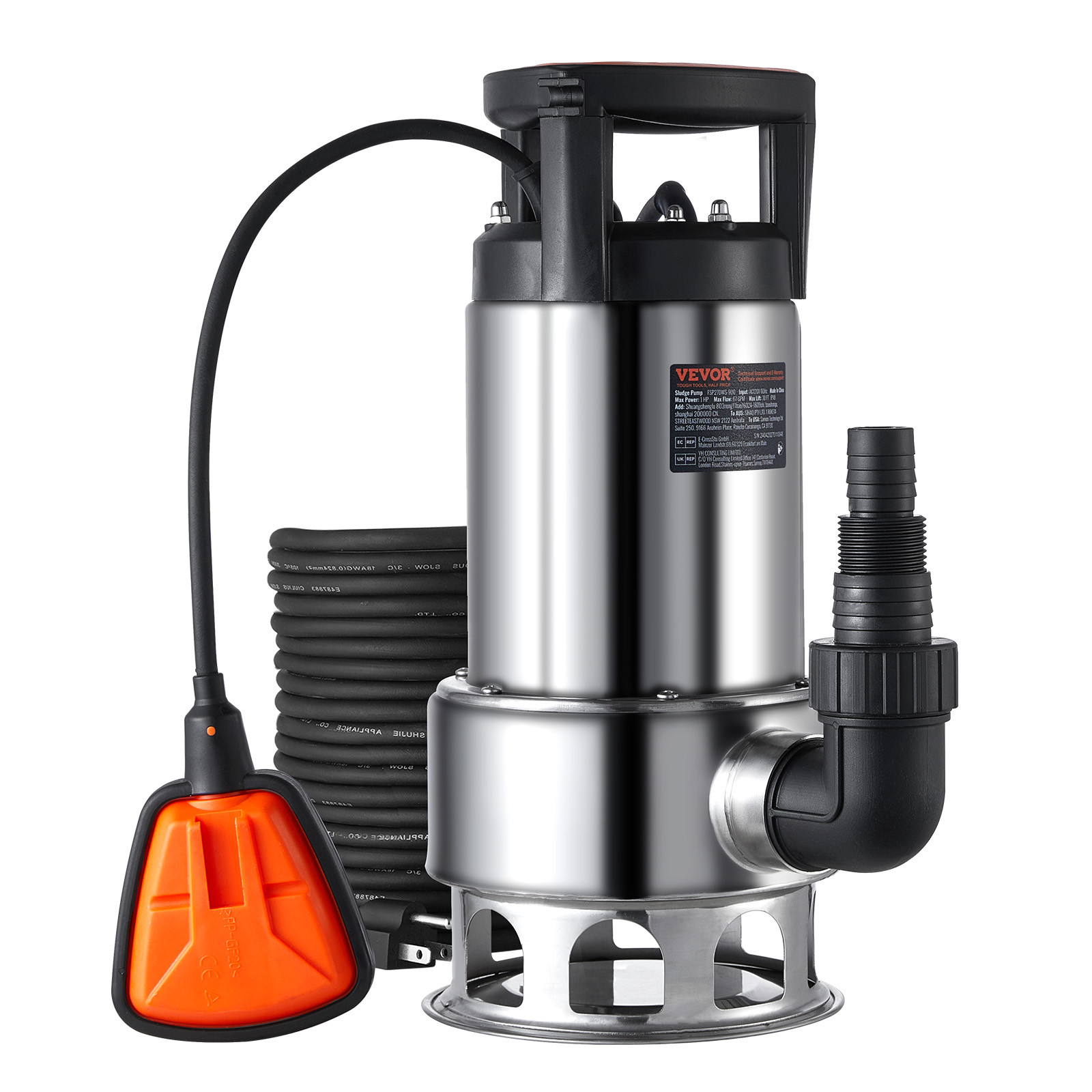VEVOR 1HP Submersible Sump Pump 4020GPH 30FT Stainless Steel Automatic Switch