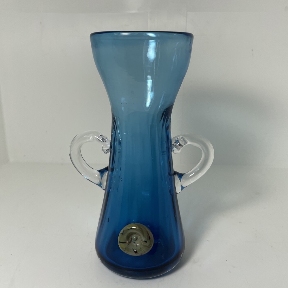 Double handled blue vase clear handle glass stone Decoration