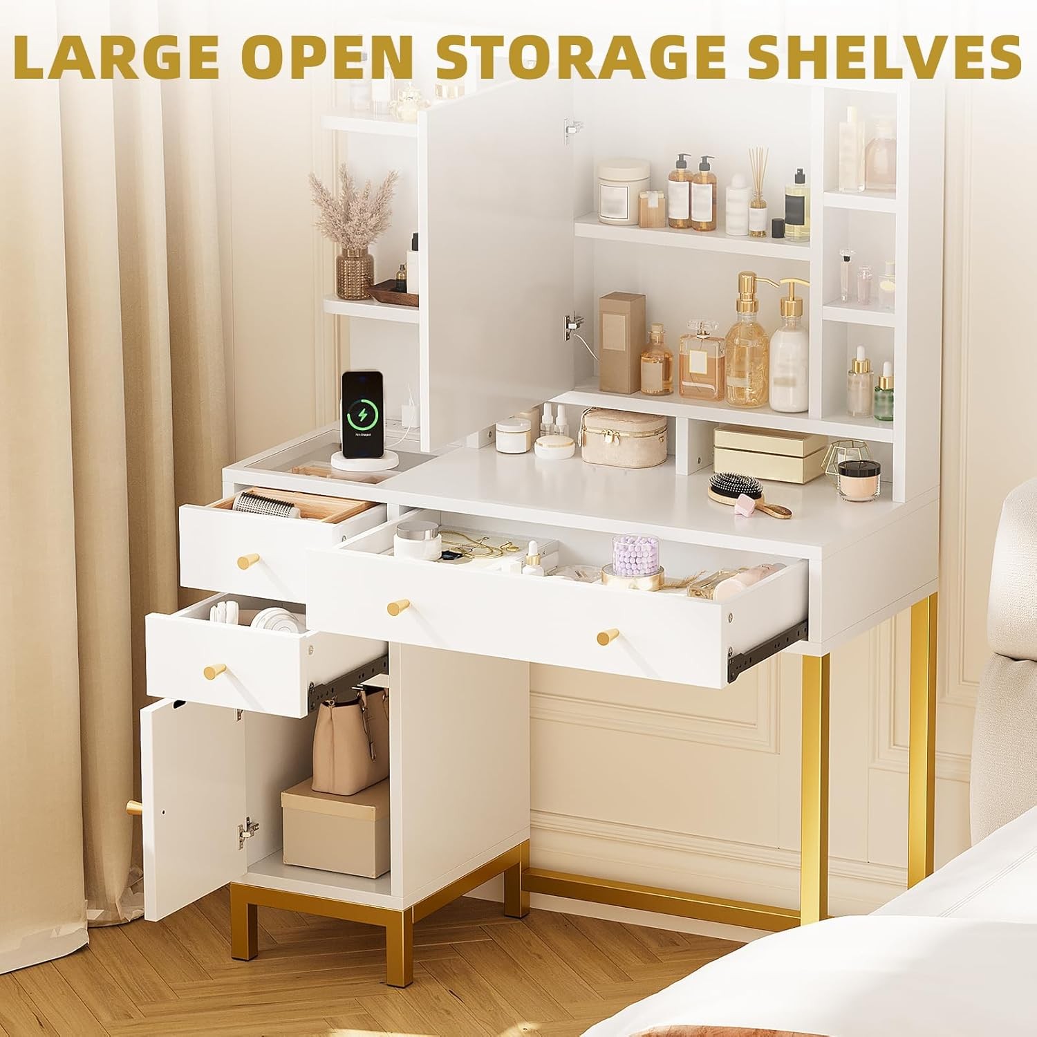 White Vanity Desk w LED Mirror, Makeup Table with Lights, Power Outlet & Storage