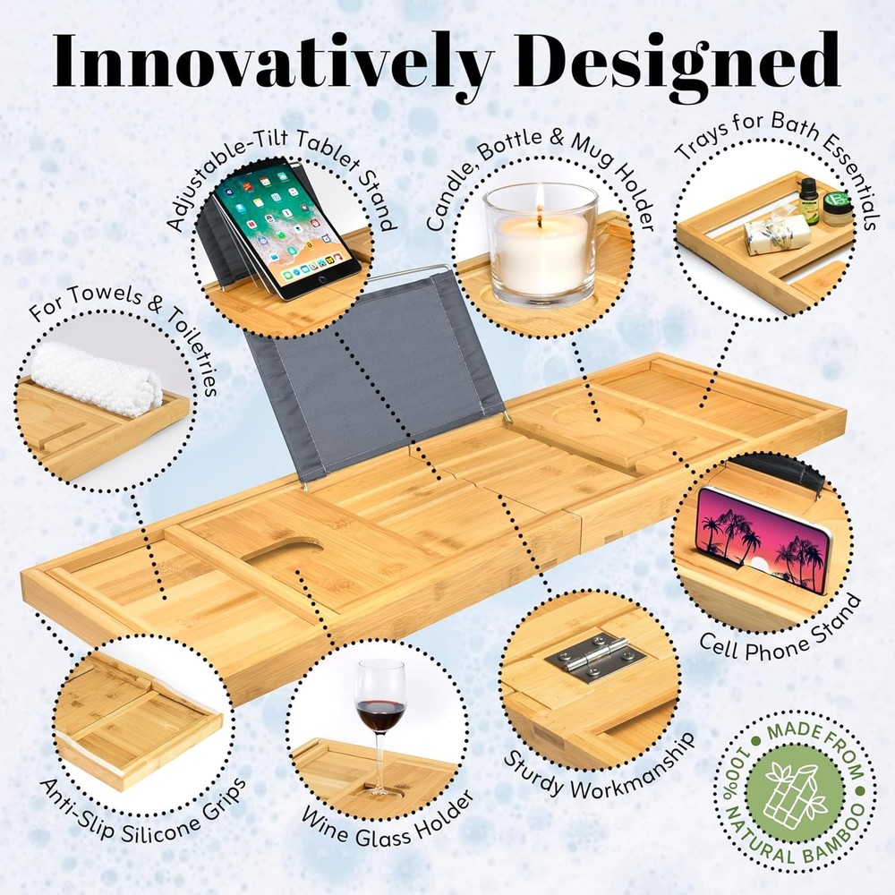 Home It Premium Foldable Bathtub Tray - Bamboo Waterproof Bath Natural