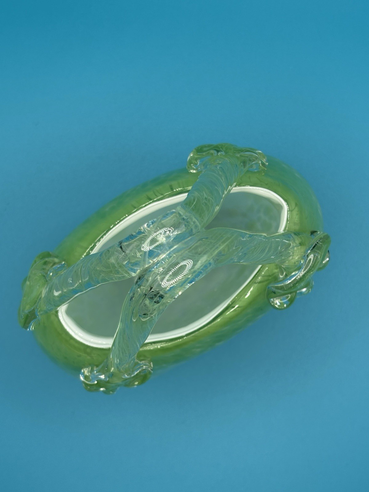 Vintage Hand Blown Art Glass Basket Green Controlled Bubble Murano Style Vase