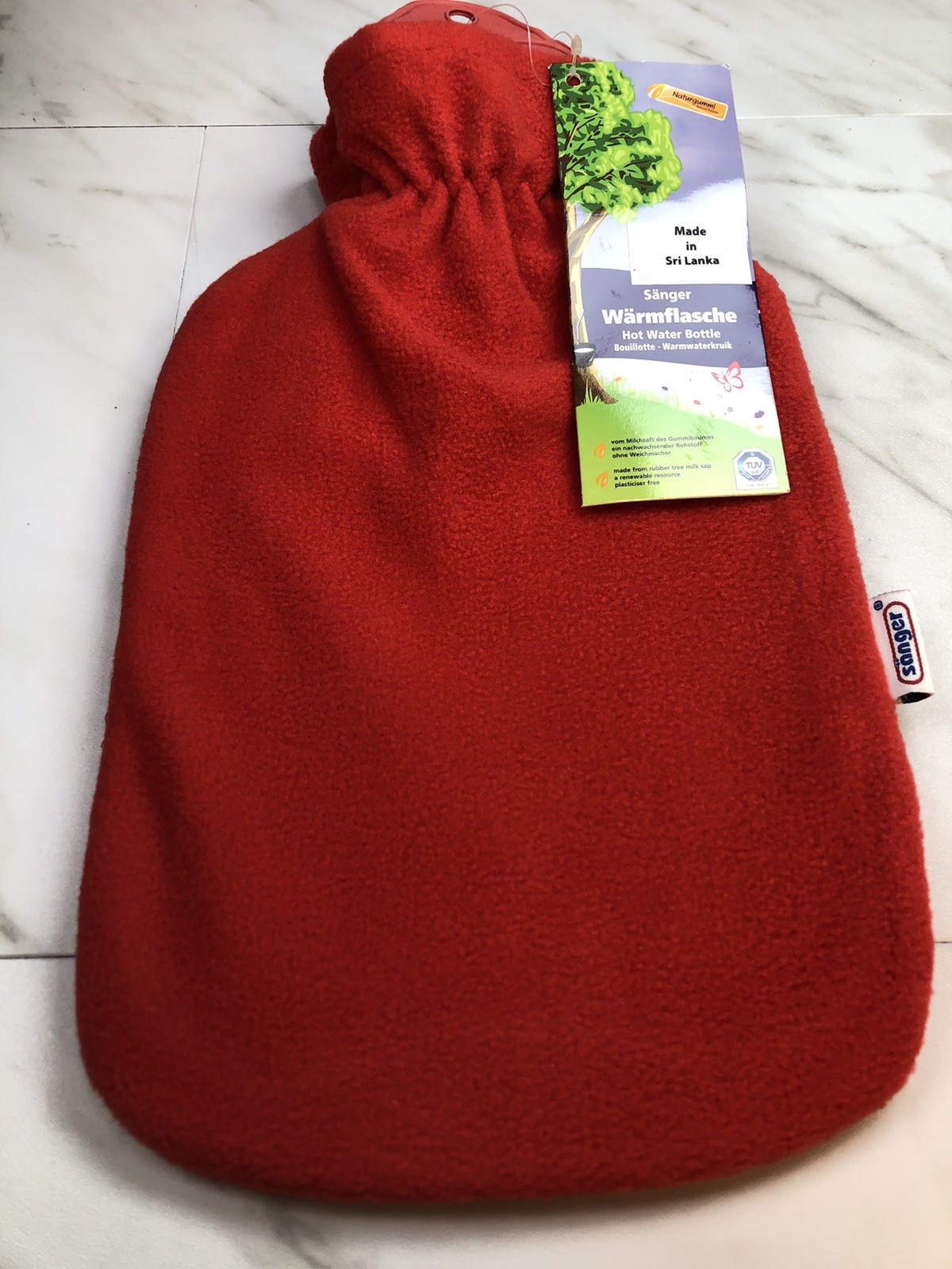 Sanger 2.0 Liter Hot Water Bottle with Red Fleece Cover ~ Made in Germany ~ NEW