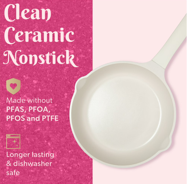 Ceramic Nonstick Cast Aluminum Cookware Set, Iridescent White, Heart Knobs