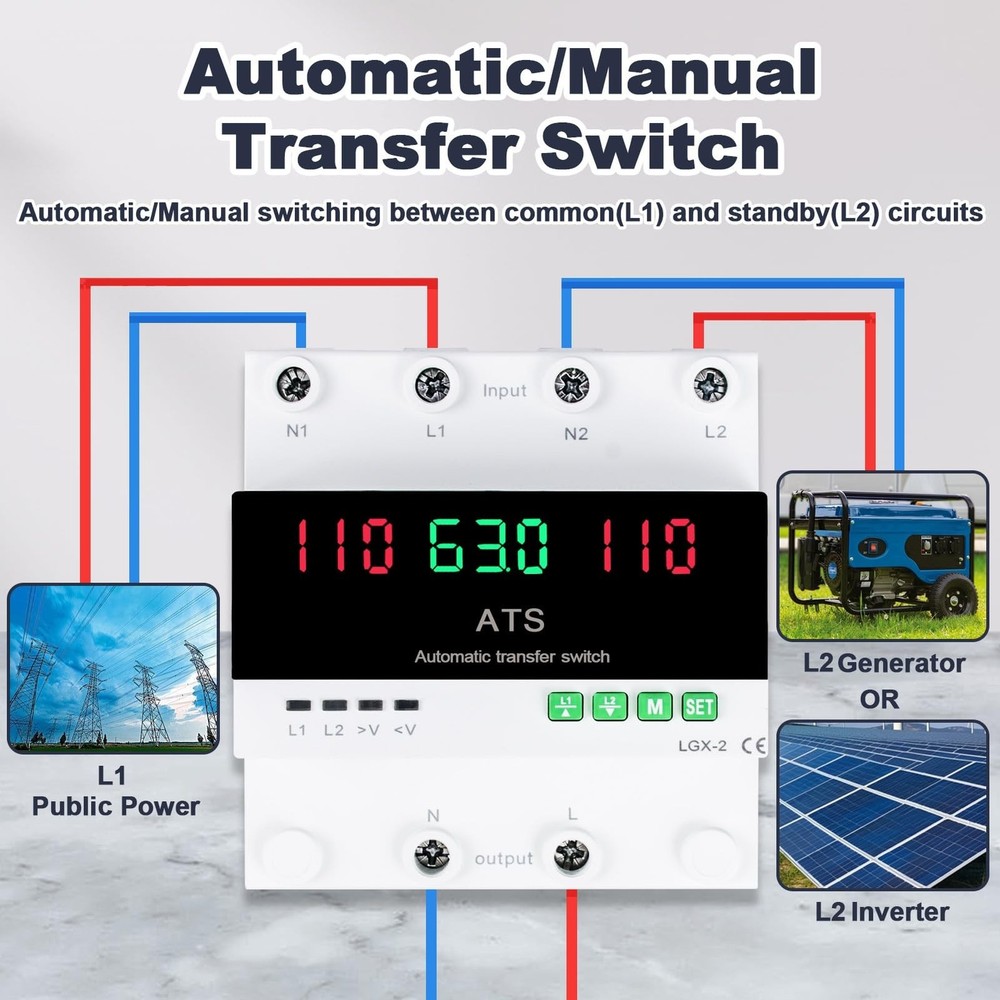 63A 110V Automatic/Manual Transfer Switch, DIN Rail Mount 110V for Generator ...