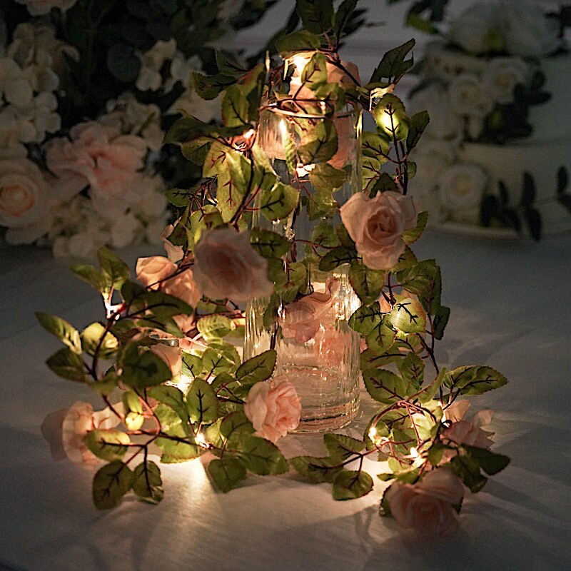 Blush 7 ft LED Roses Leaves Garland Battery Operated Fairy Lights Party Supplies