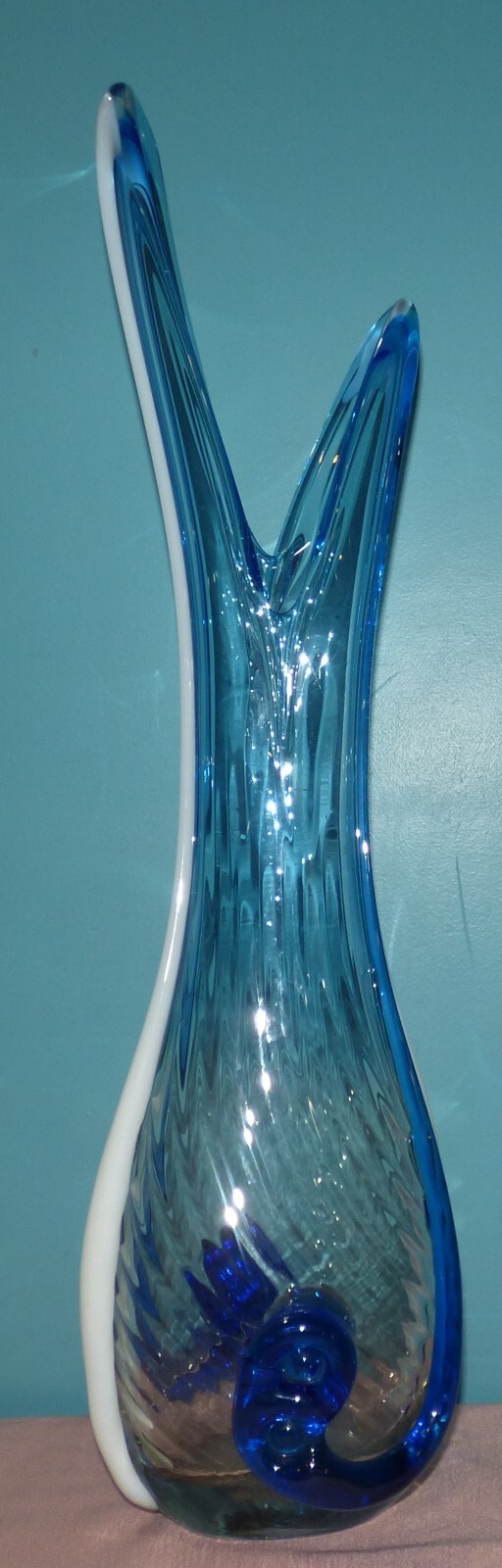 Large 26" MCM Swung Vase with Blue, White and Clear Glass