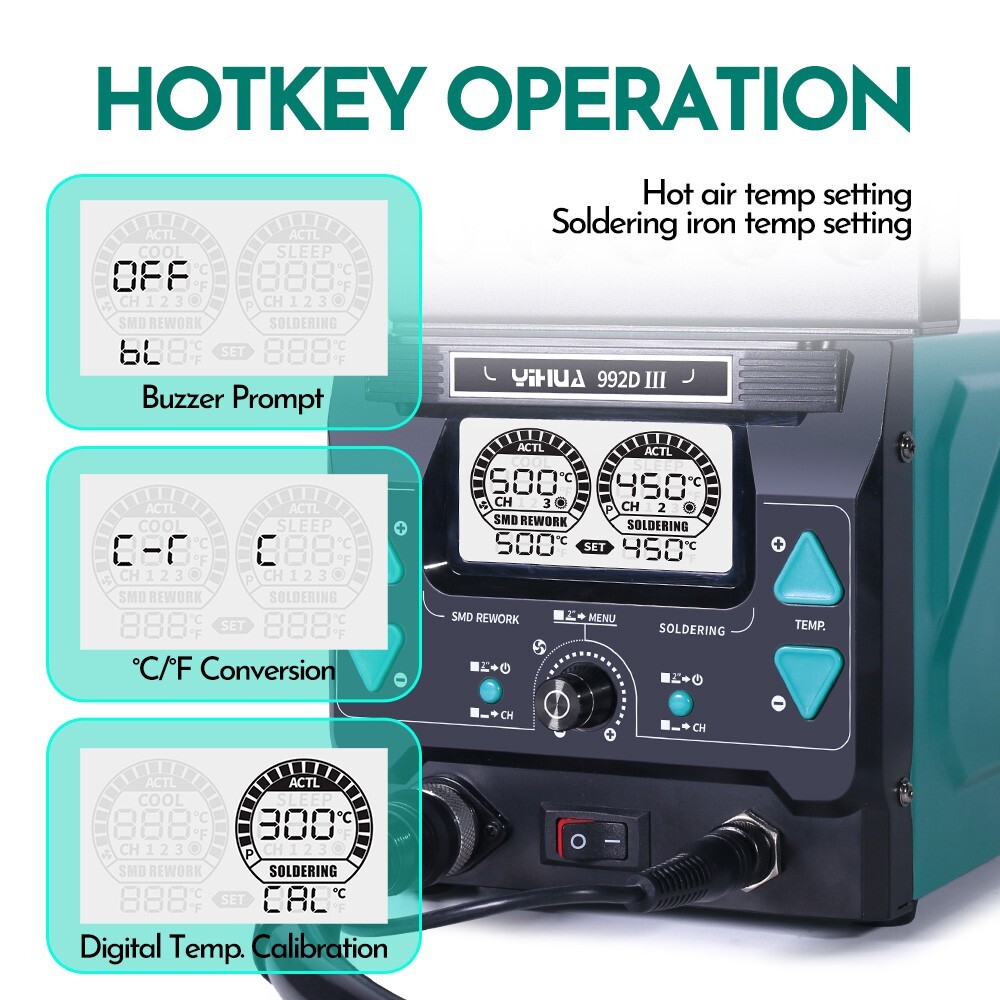 YIHUA 992D-III Precision Rework Station 1220W Hot Air Gun Microscope Soldering