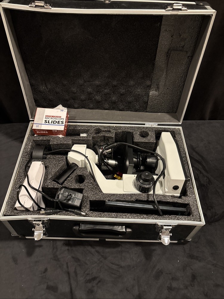 Laboratory Microscope With Slides, Screen, Charger, And Case
