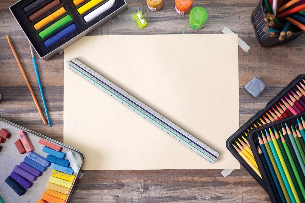 Triangular Ruler, 12 Inch Metal, Triple Sided Color Coded, Imperial Scale, Dr...