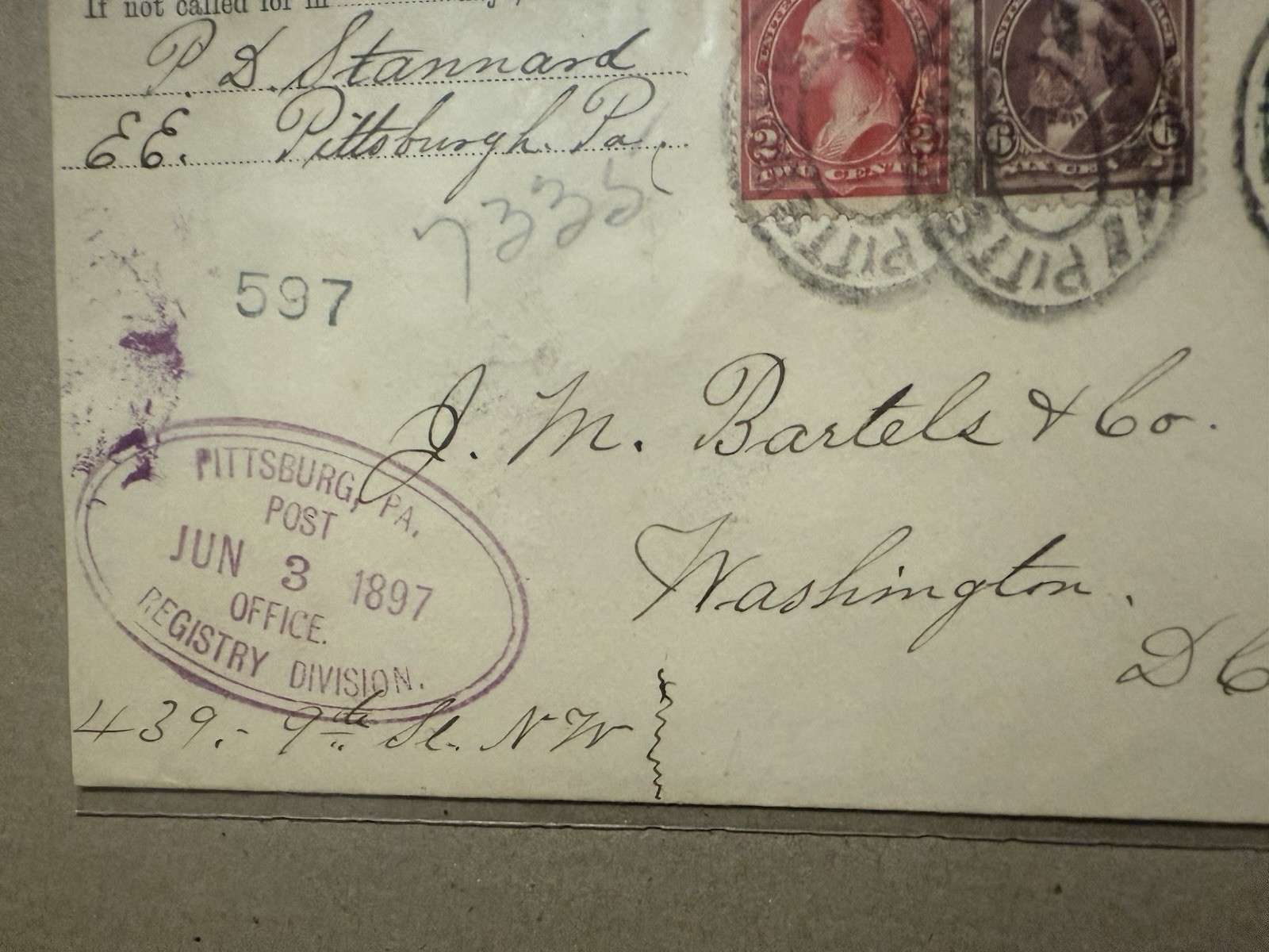 1897 Pitt duplex killer 6c Harrison+2c green embossed+2c red Wash $145 BIN