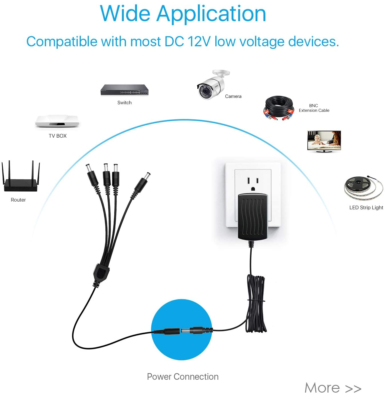 ZOSI 12V/2A Power Adapter for Camera DVR Video DC 1 to 4 Power Splitter Cable