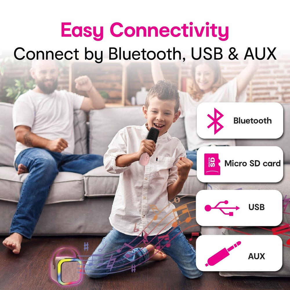 Laser Mini Karaoke Speaker 2 Wireless Mics Bluetooth Pink