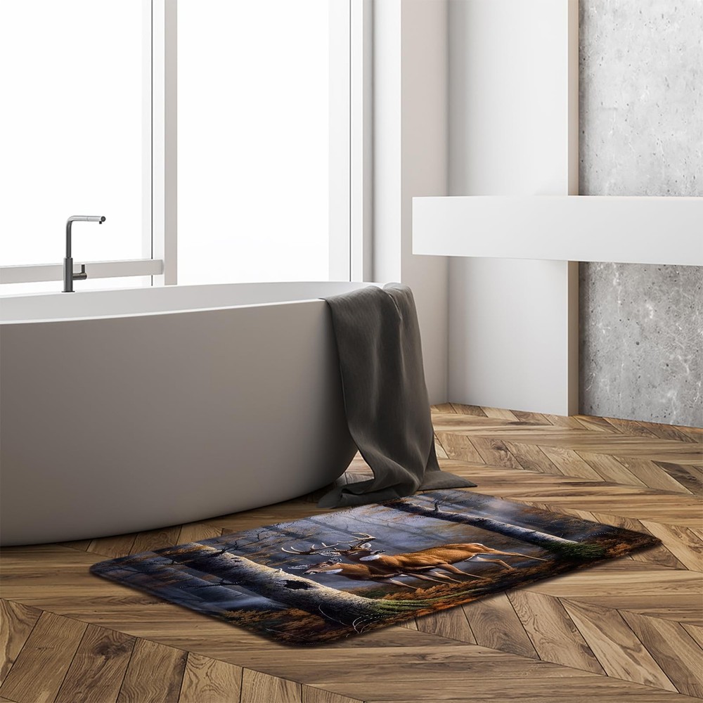 ZNLSU Deer Forest Bath Mat Cabin Rustic 1'6" x 2'6" (Rectangular), Brown Blue