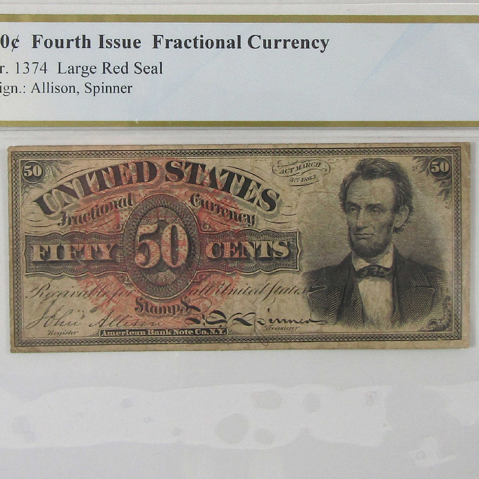 50c Fractional Note Fourth Issue FR1374 Very Fine 20 PCGS SKU:I23288