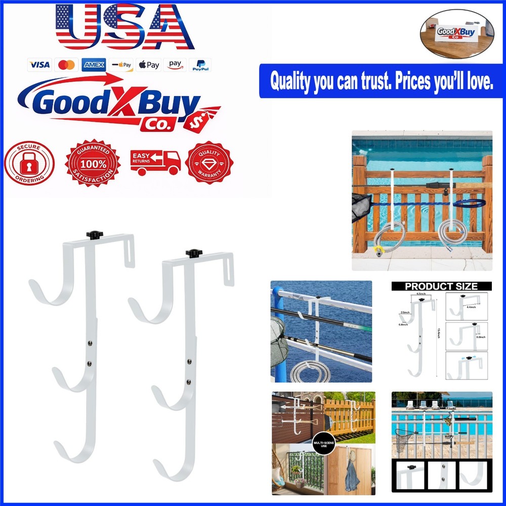 White Pool Pole Hangers 2-Pack - Heavy Duty Adjustable Fence Hooks for Pool E...