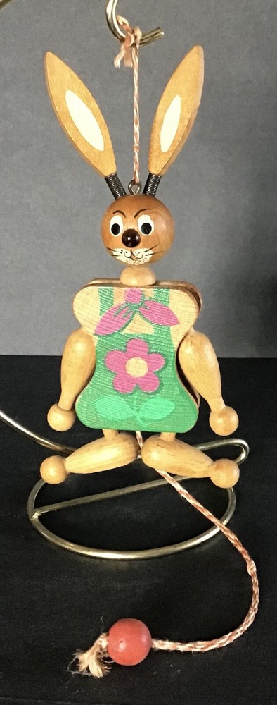Vintage Austrian Wooden Easter Bunny String Pull Toy