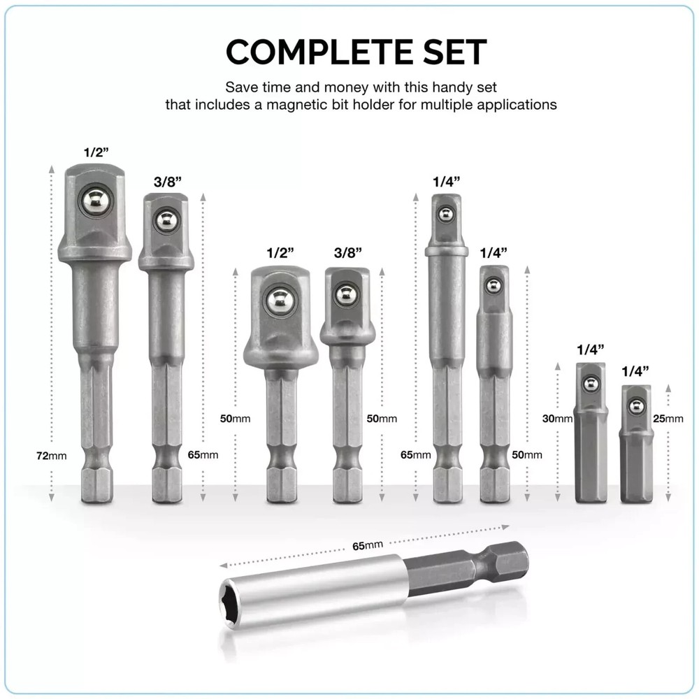 9Pcs Socket Adapter Drill Bits Set Hex Impact Driver Tools 1/4" 3/8" 1/2" Shank