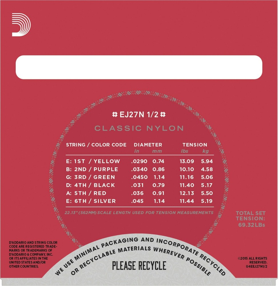 D’Addario EJ27N 1/2 Size Scale Classical Guitar Clear Nylon Strings