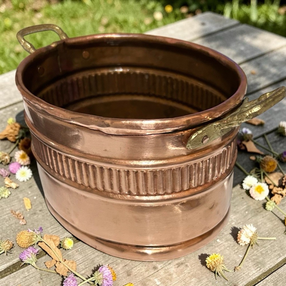 Vintage Solid Copper Planter with Brass Handles