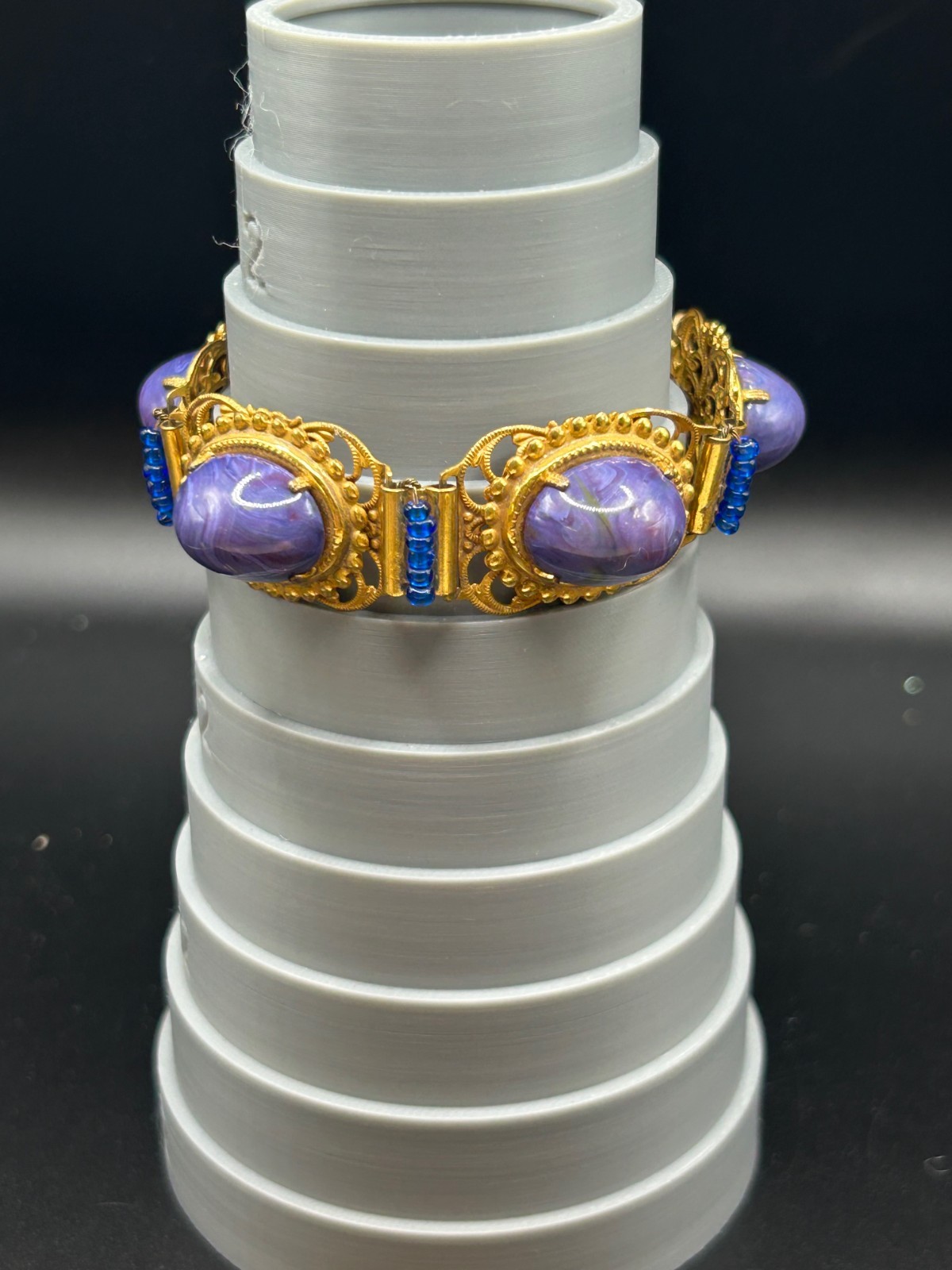 VINTAGE MIRIAM HASKELL PURPLE STONE BRACELET COBALT ACCENT GOLD TONE - SIGNED