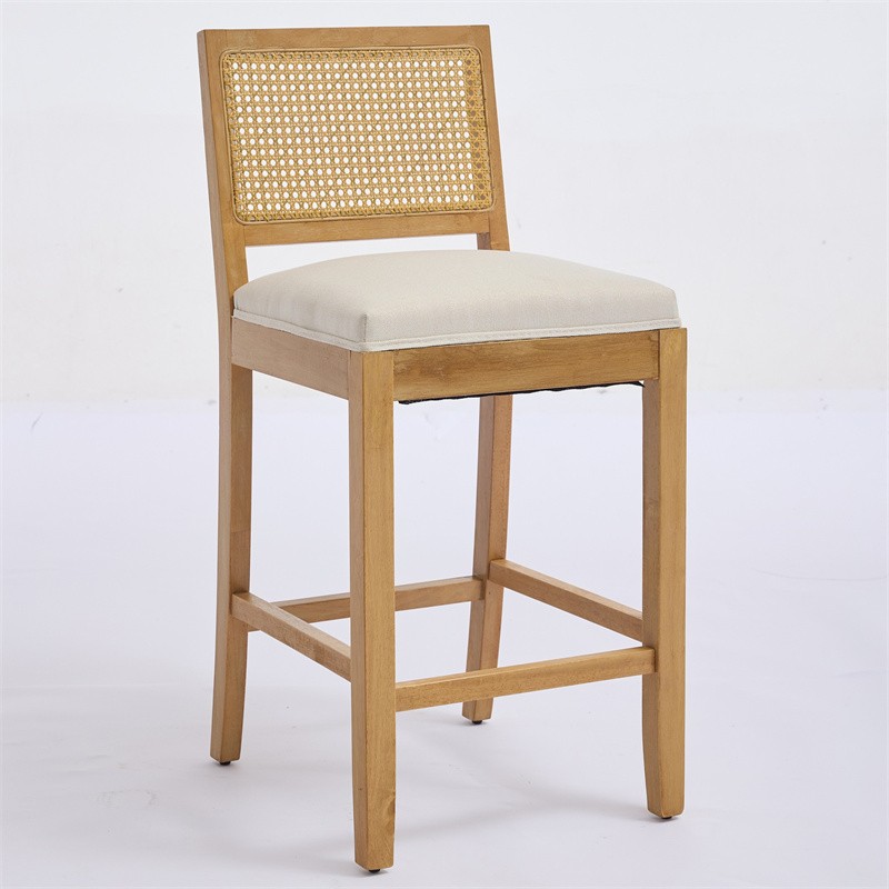 Set of 2 Solid Wood Rattan Bar Stools Comfort Linen Cushion High-Resilience Foam