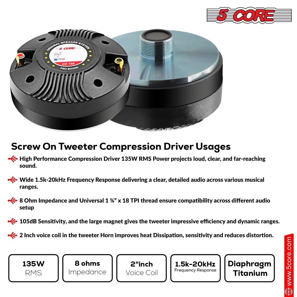 5Core Compression Driver 135W RMS 8 Ohm Titanium Horn Throat Tweeter Speaker