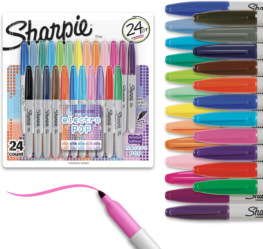 Electro Pop Permanent Markers, Fine Tip, Marker Set, Assorted Colors, 24 Count -