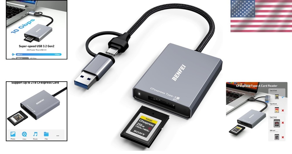 CFexpress Type A Card Reader, USB-C/USB-A 2-in-1, 10Gbps, Multi-OS Compatible