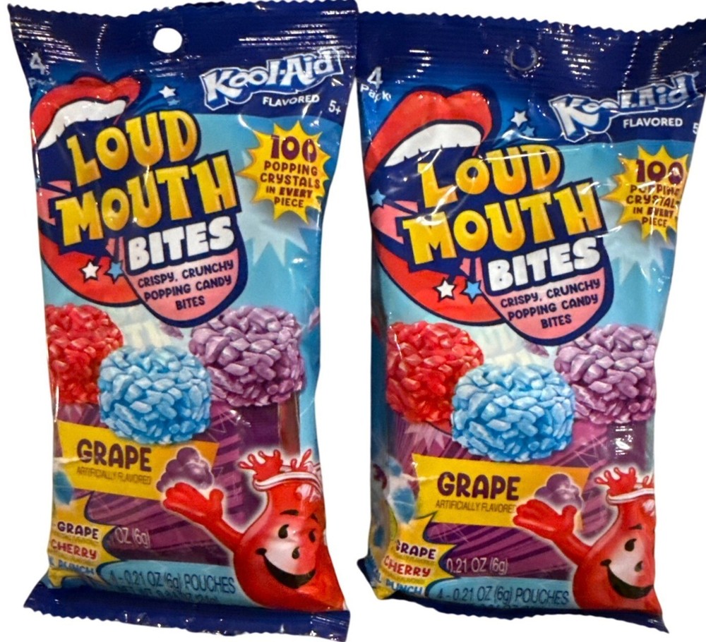 2pc Set 0.21oz/4ct per Bag KOOL-AID Candy Loud Mouth Bites Grape & Cherry Crispy