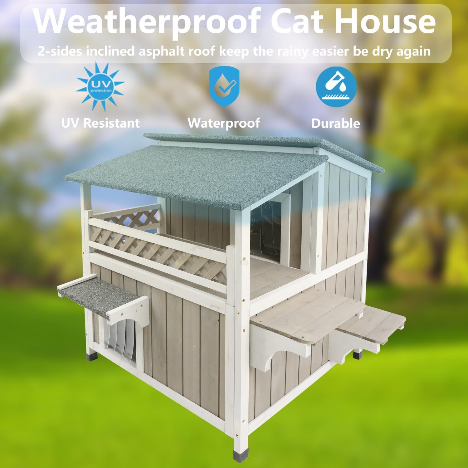 Two Story Cat House Outdoor Wooden Feral Cat Shelter with Balcony & Escape Door