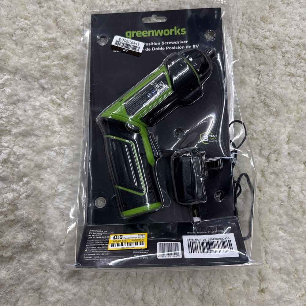 Greenworks 8V Screwdriver with 2 bits New