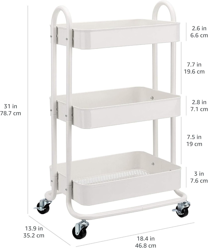 3-Tier Rolling Utility Cart, Storage Organizer, Lockable Wheels, Multifunctio...