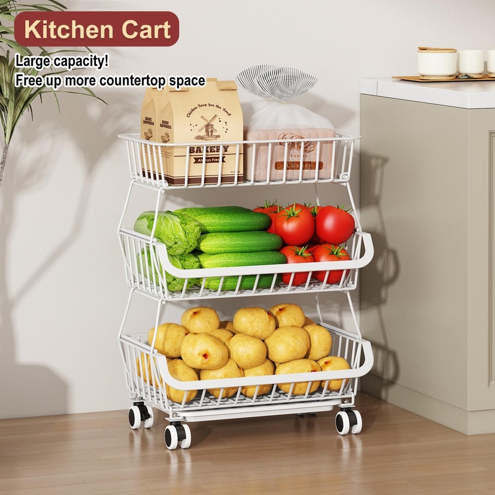 3Tier Rolling Pantry Cart w/Wheels Stackable Wire Storage Organizer White