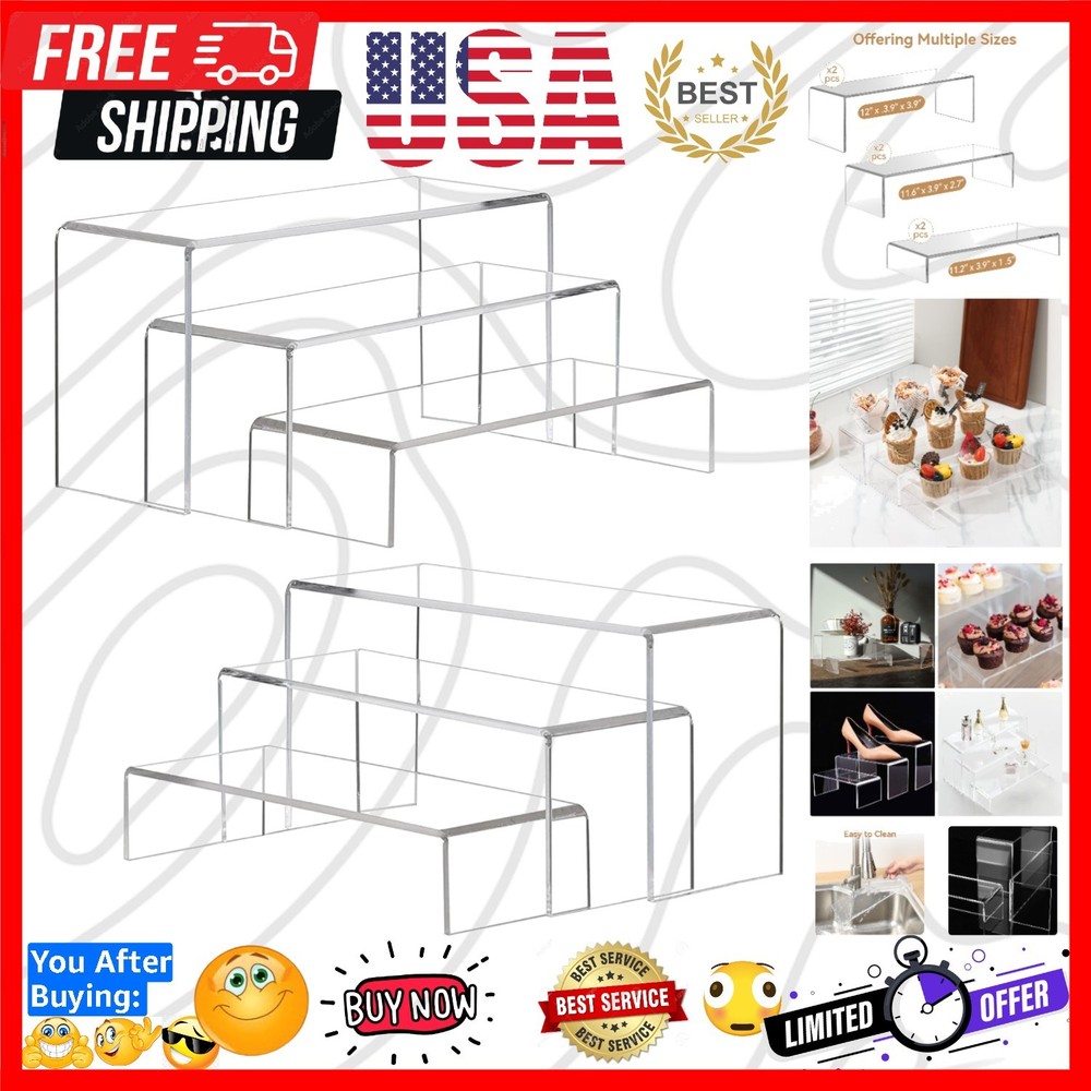 Large Acrylic Display Risers, 2 Sets11.2”L~11.6”L~12”L Clear Rectangular Show...