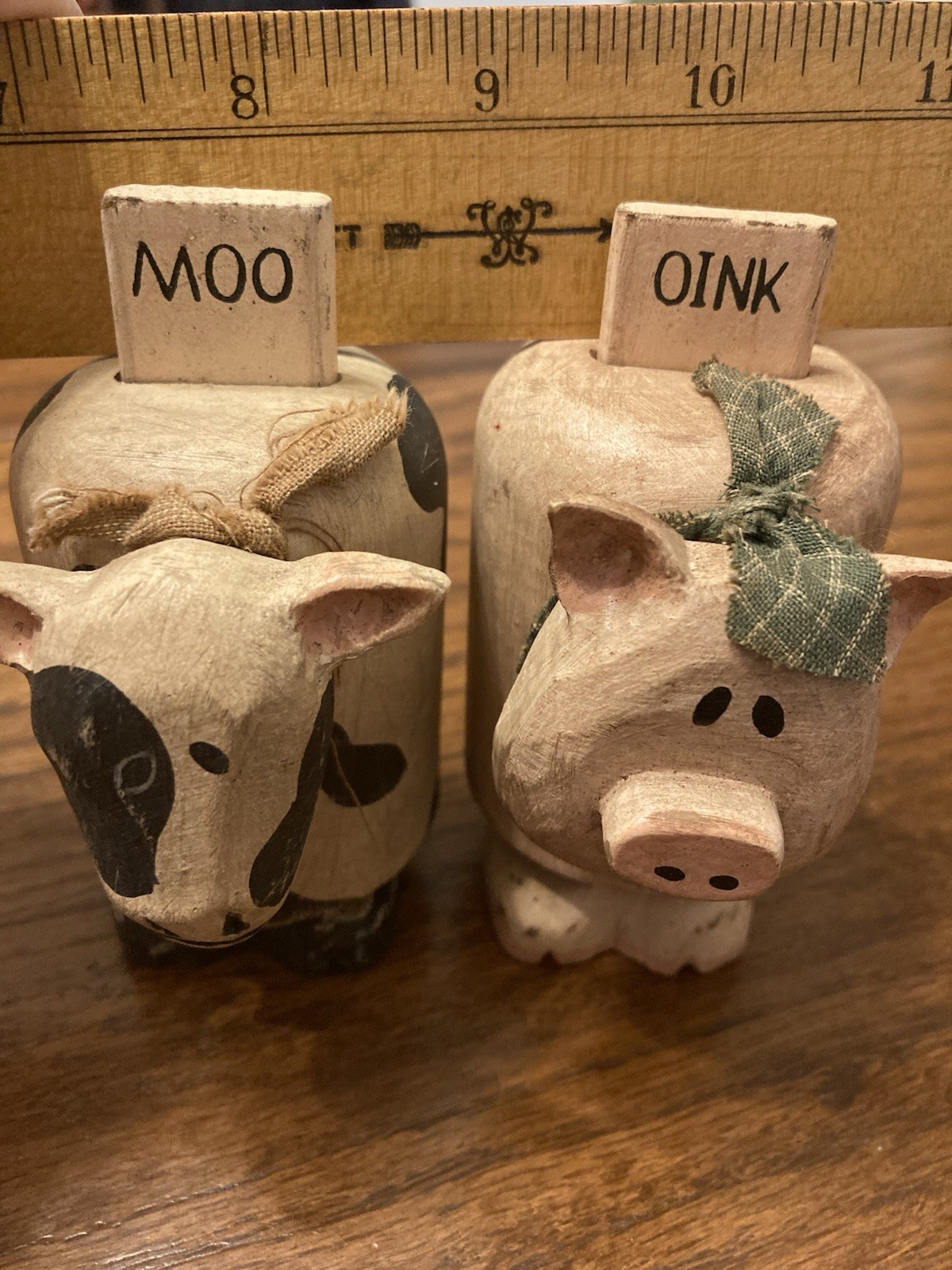 Vintage Wooden Cow & Pig Figurines Handmade Farm Country Decor Folk Art