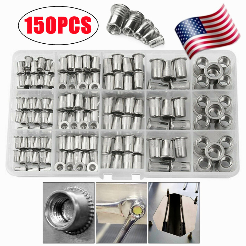 150PCS Rivet Nuts Kit Stainless Steel Flat Head Threaded Insert Nutsert Set US