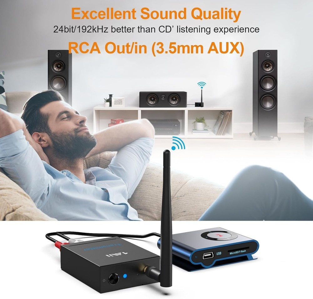 Wireless Audio Transmitter Receiver RCA AUX Long Range 320ft HiFi Audio Kit