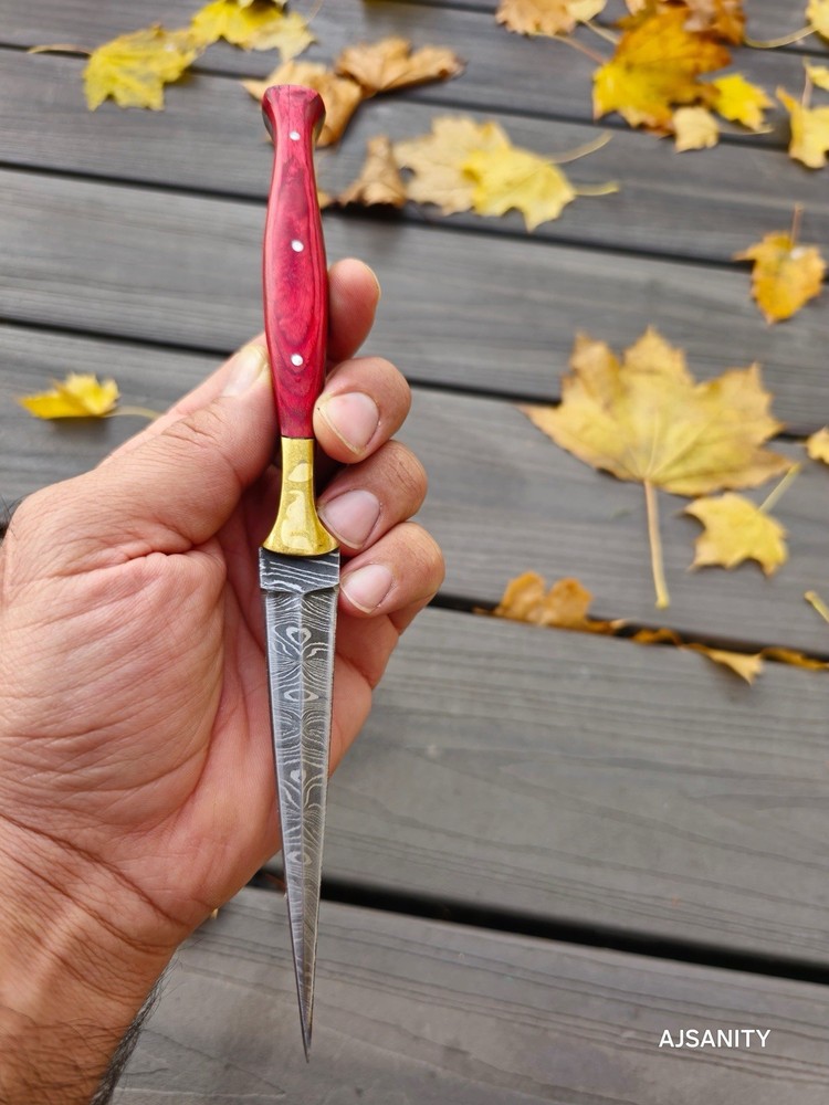 Custom Damascus double edged dagger boot knife Fixed Blade Needle Point Throwing